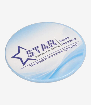 White printed badge