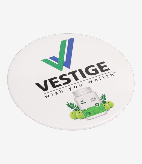 White printed badge