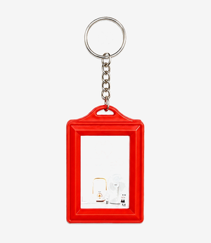 Red plastic keychain on a metal split ring