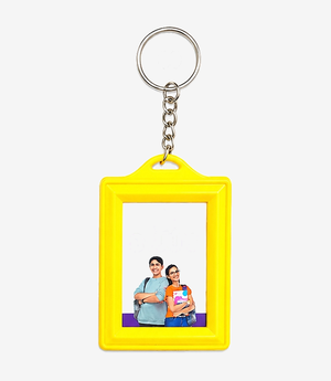 Yellow plastic keychain on a metal split ring