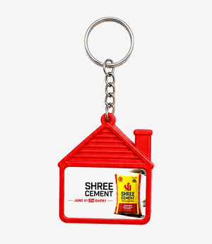Red plastic keychain on a metal split ring