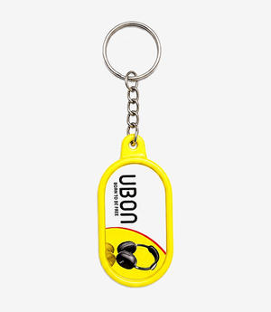 Yellow plastic keychain on a metal split ring