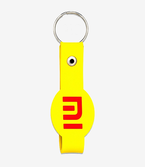 KKM-p22-06-silicon-belt-keychain-embossed-double-side Yellow silicone keychain on a metal split ring