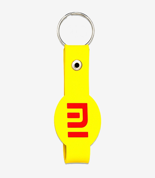 KKM-p22-06-silicon-belt-keychain-embossed-double-side Yellow silicone keychain on a metal split ring