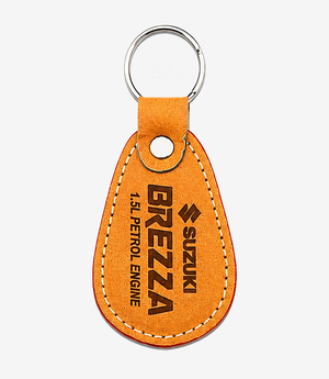 Tan leather keychain on a metal split ring