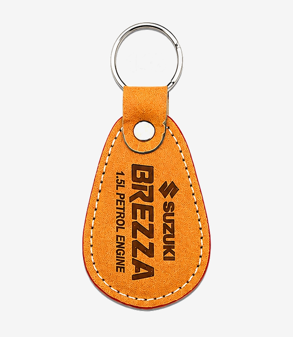 Tan leather keychain on a metal split ring
