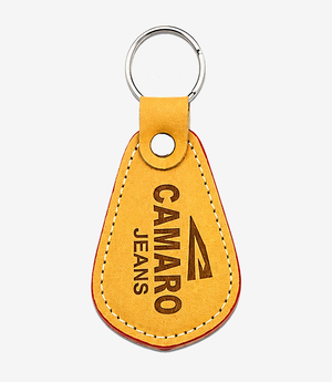 Tan leather keychain on a metal split ring