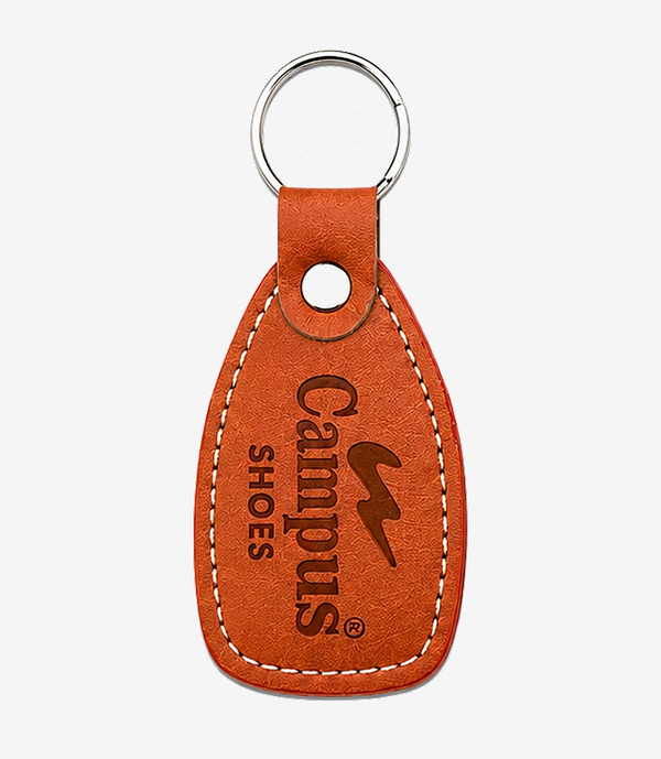 Tan leather keychain on a metal split ring