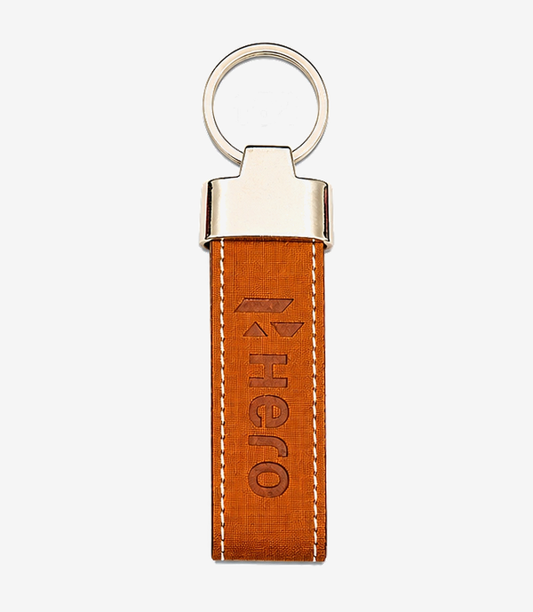 Tan leather keychain on a metal split ring