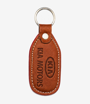 Tan leather keychain on a metal split ring
