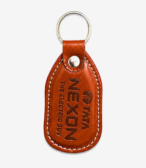 Tan leather keychain on a metal split ring