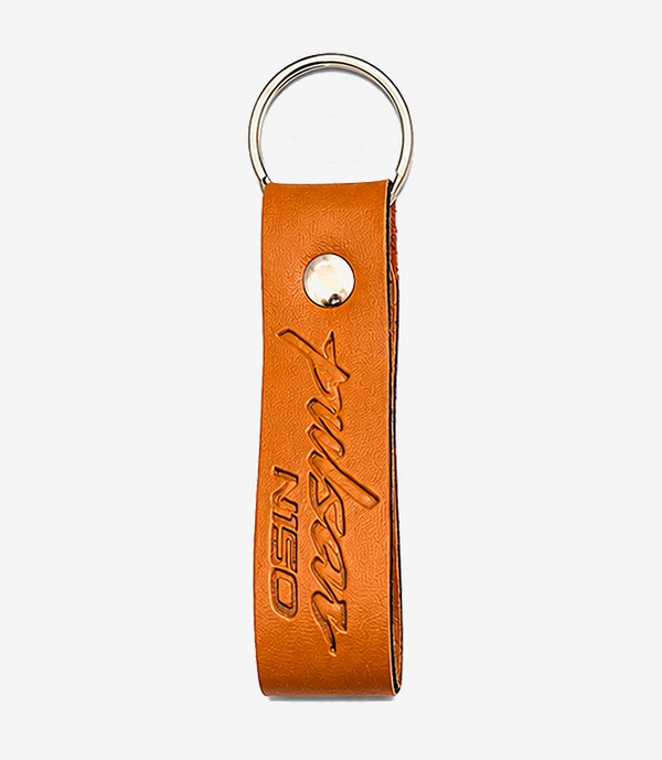 Tan leather keychain on a metal split ring
