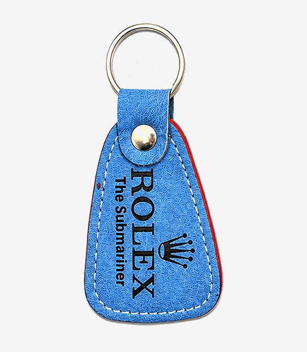 Blue leather keychain on a metal split ring