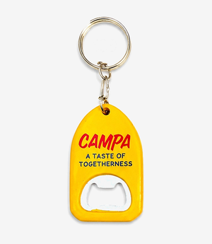 Yellow bottle opener keychain on a metal split ring