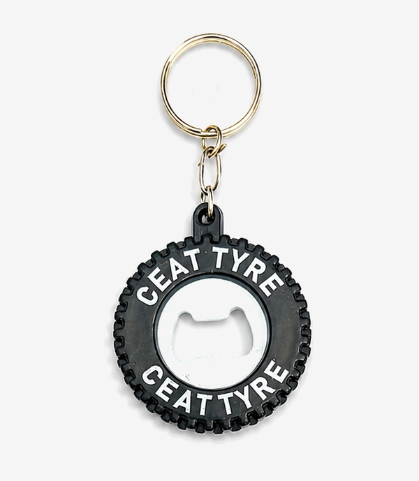 Grey bottle opener keychain on a metal split ring