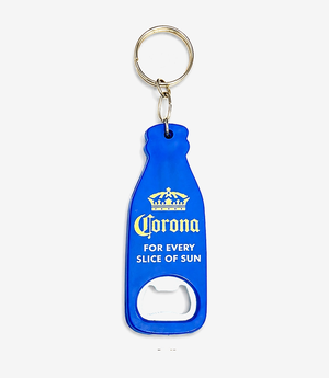 Blue bottle opener keychain on a metal split ring