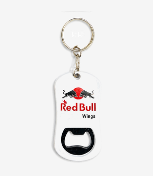 Grey bottle opener keychain on a metal split ring