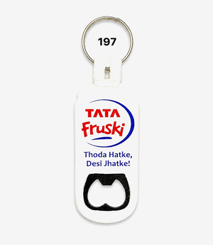 Grey bottle opener keychain on a metal split ring