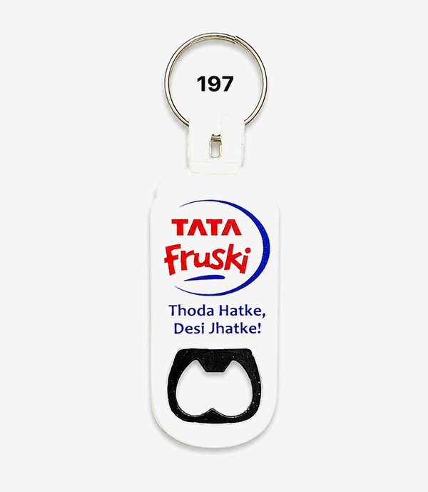 Grey bottle opener keychain on a metal split ring