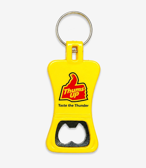 Yellow bottle opener keychain on a metal split ring