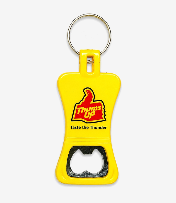 Yellow bottle opener keychain on a metal split ring