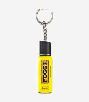 Yellow MDF keychain on a metal split ring