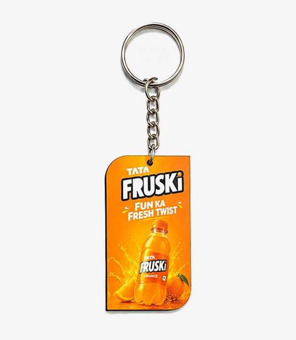 Orange MDF keychain on a metal split ring