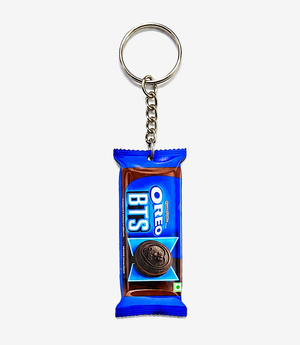Blue MDF keychain on a metal split ring