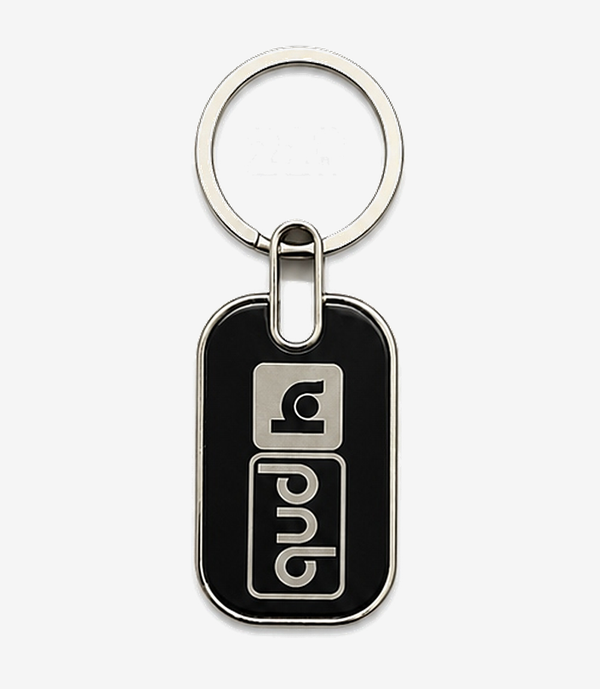 Black metal keychain on a split ring