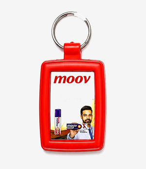 Red plastic keychain on a metal split ring