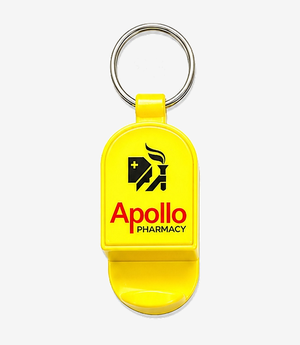 KKM-p55-01-plastic-keychain-with-mobile-stand Yellow plastic keychain with a fold-out mobile stand on a split ring