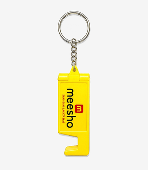 KKM-p55-04-plastic-keychain-with-mobile-stand Yellow plastic keychain with a fold-out mobile stand on a split ring