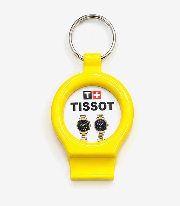 KKM-p56-02-plastic-keychain-with-mobile-stand Yellow plastic keychain with a fold-out mobile stand on a split ring