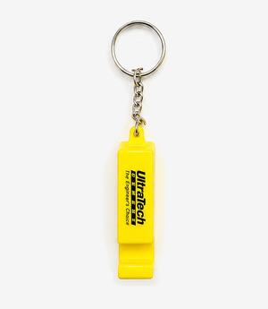KKM-p56-05-plastic-keychain-with-mobile-stand Yellow plastic keychain with a fold-out mobile stand on a split ring