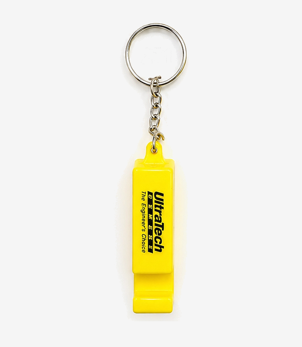 KKM-p56-05-plastic-keychain-with-mobile-stand Yellow plastic keychain with a fold-out mobile stand on a split ring