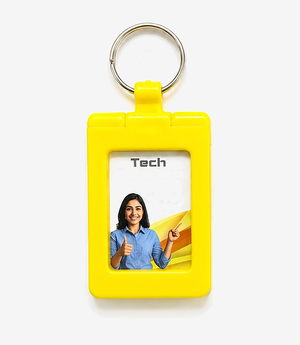 KKM-p57-01-plastic-keychain-with-mobile-stand Yellow plastic keychain with a fold-out mobile stand on a split ring