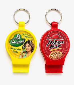 Red plastic keychain with a fold-out mobile stand on a split ring