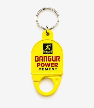 Yellow plastic hook keychain on a metal split ring
