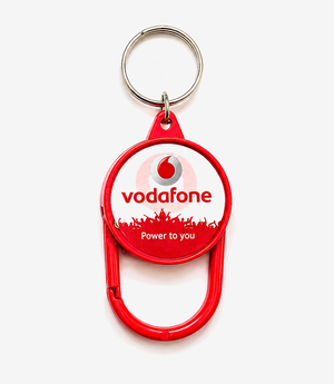 Red plastic hook keychain on a metal split ring